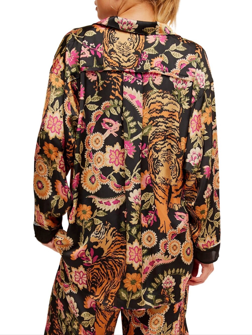 Free People Tiger Floral Satin Button Down Long Sleeve Pajama Top Medium Black - Picture 2 of 10